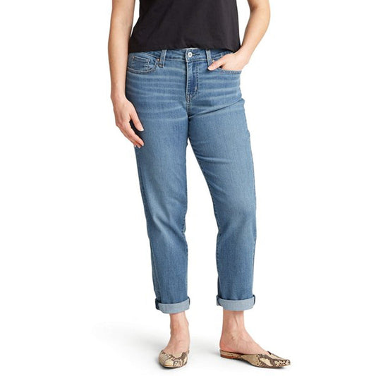 Women modern slim straight cuffed light blue stretchable jeans